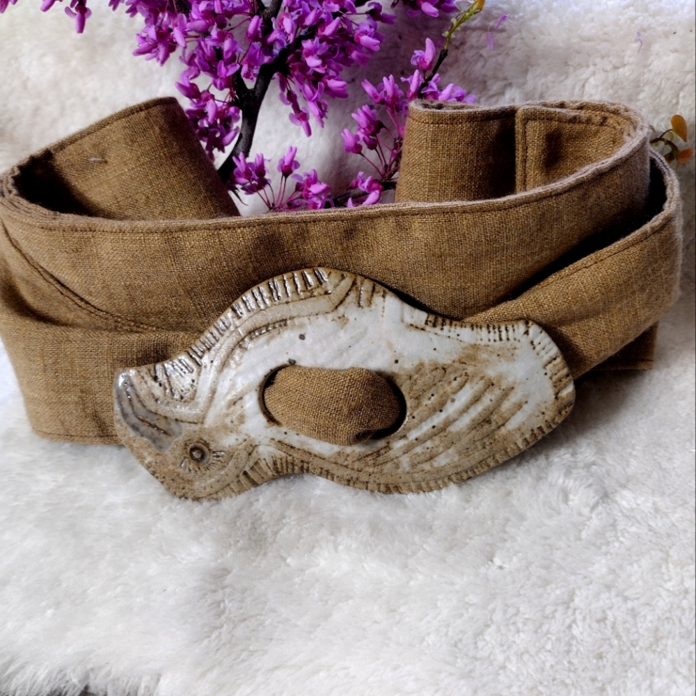 Artisan Pottery Belt Stoneware and Linen Rare Find Unique Vintage Women Belts